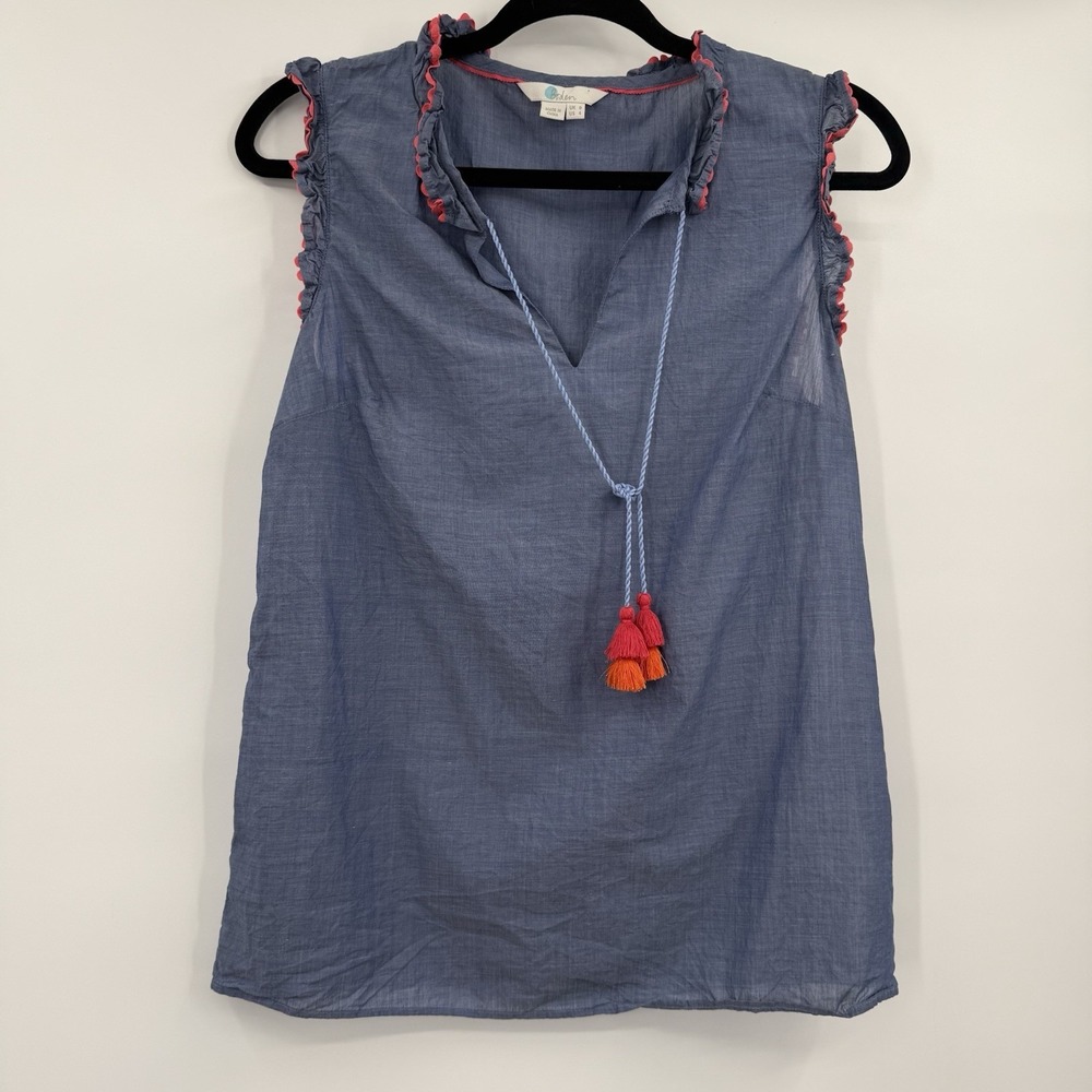 Boden Blouse Top Womens 4 Blue‎ Tank Sleeveless Chambray Ruffle Poms